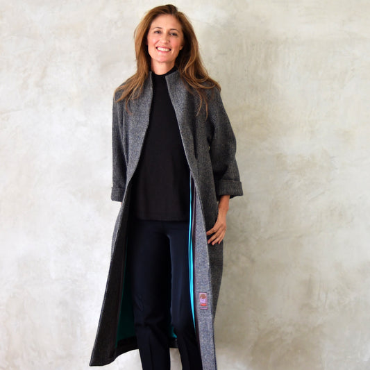 the long frink in small blue check lovat tweed image 1