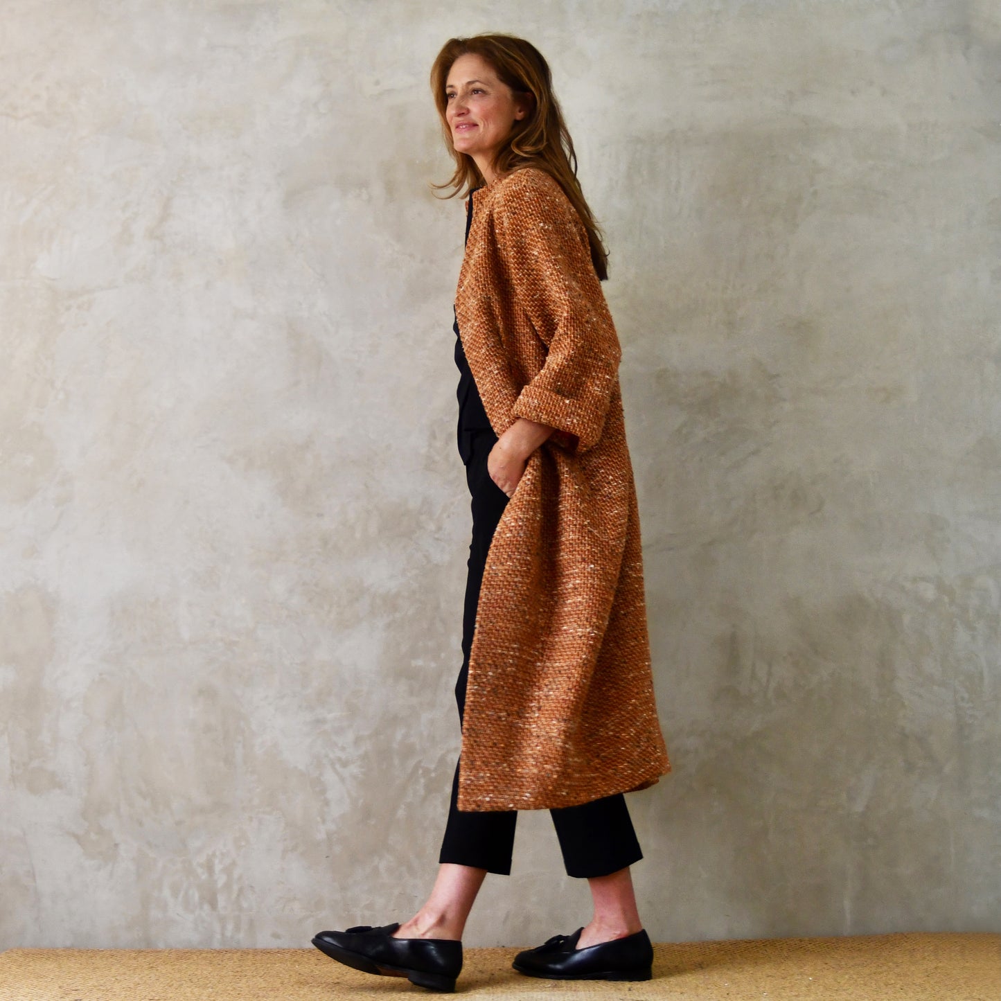 orange boucle cocoon coat