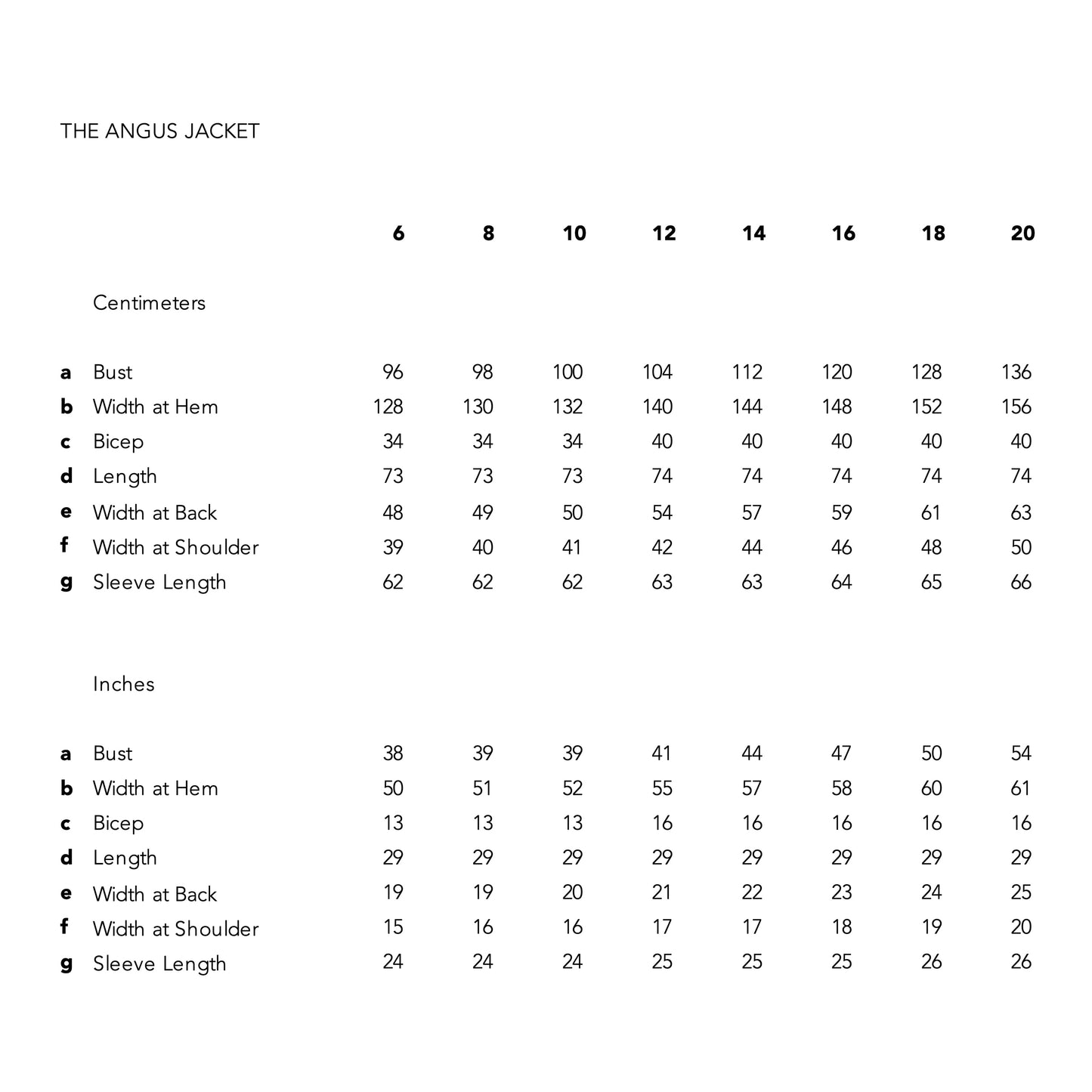 Swing Jacket size chart. Check size chart details bust, bicep, width, length, and sleeve in cm and inches for sizes 6–20, shown clearly in a table.