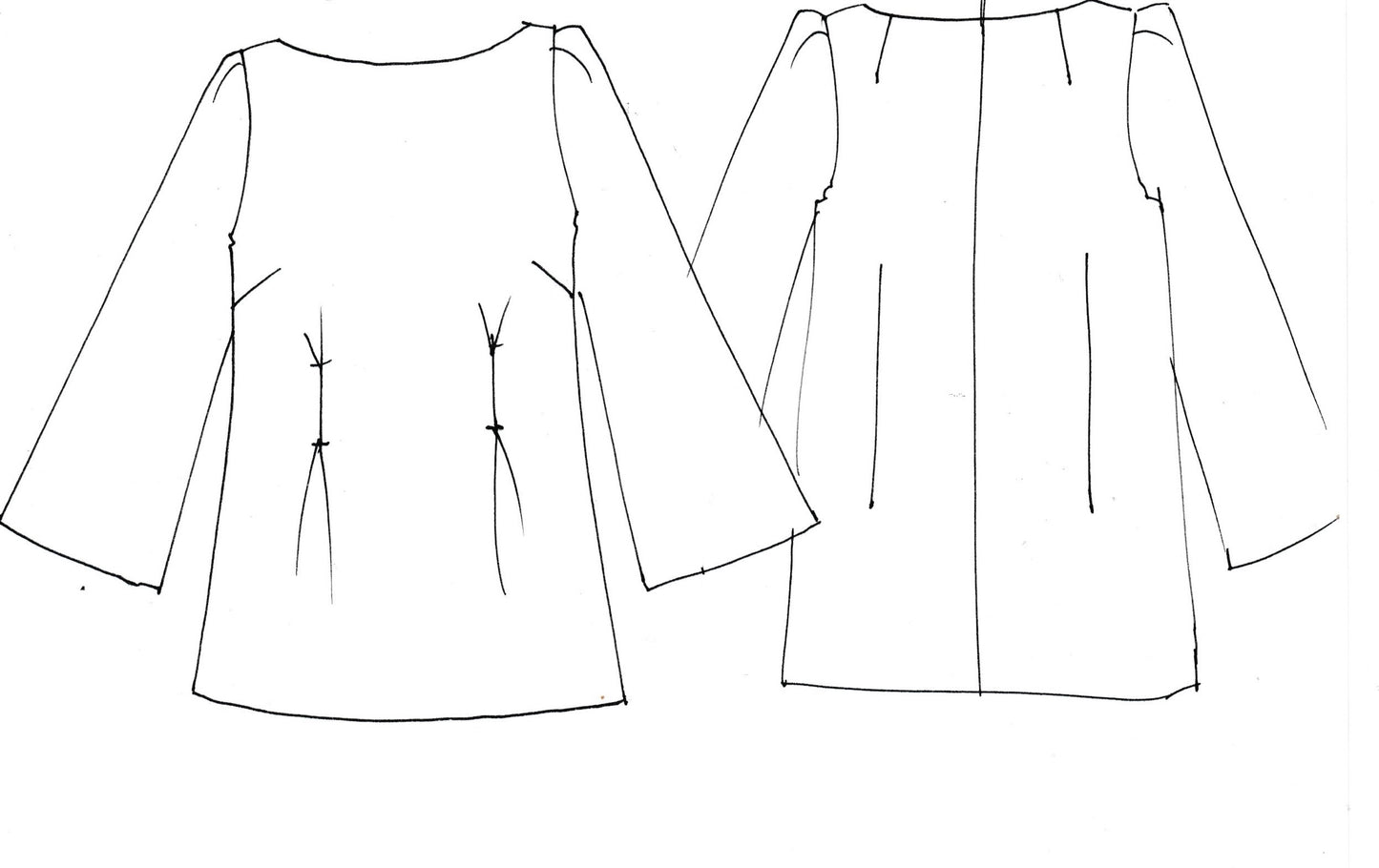 Line drawing of the EdNerat Tailored Boat Neck Blouse, showing front with bust darts and waist shaping, and back with long vertical darts, center seam, and gently flared sleeves. Handmade in Britain.