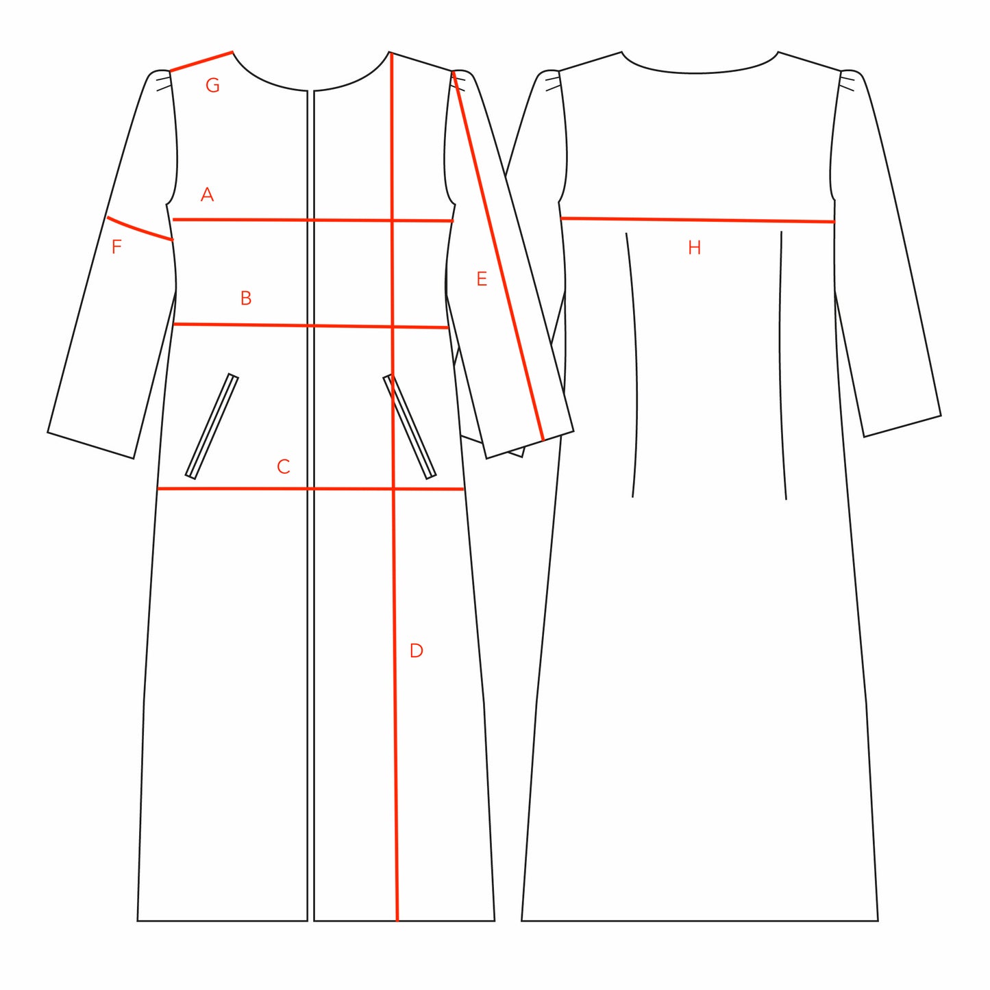 Technical drawing of Boucle A-Line Coat, with black-outlined front and back views. Features red measurement lines A–G front, H back, referencing an A-line fit ideal for Ednerat's Linton Tweeds bespoke coats. Handmade in Britain.