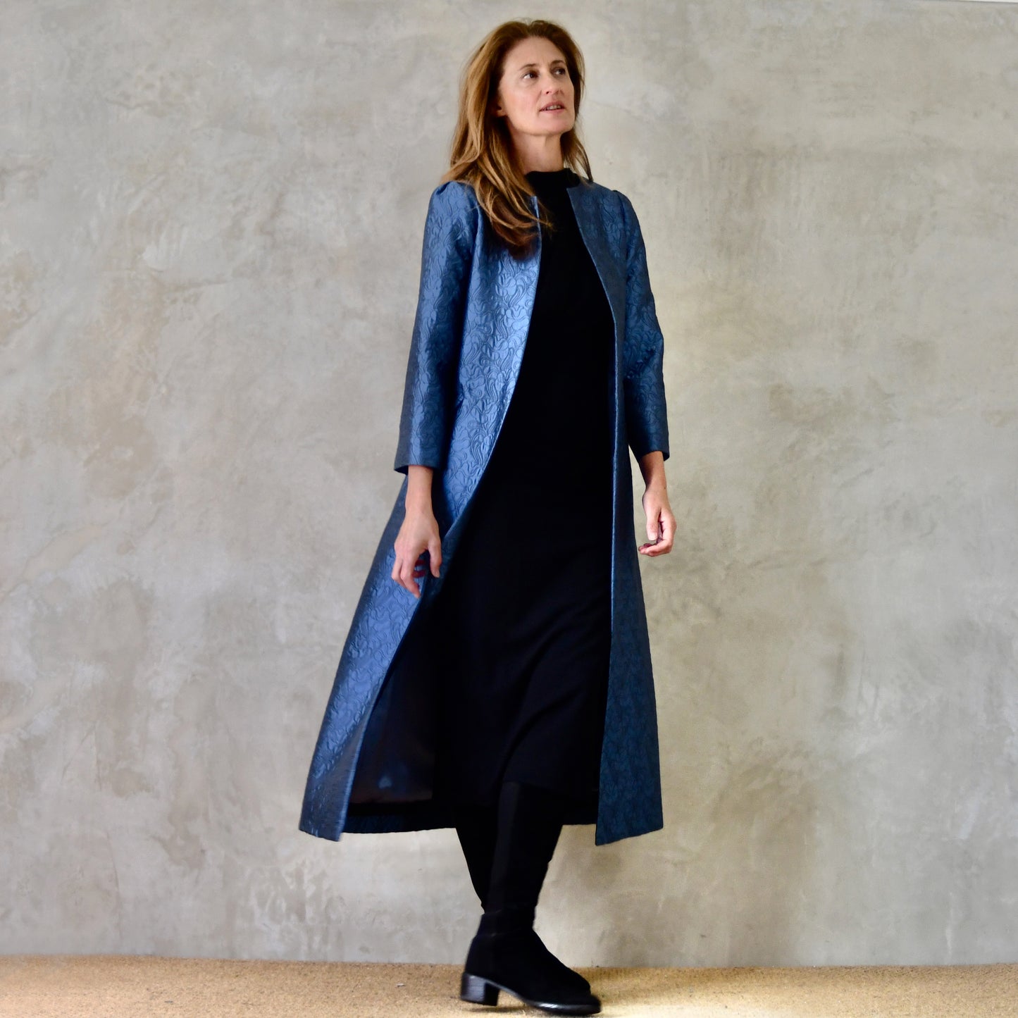 Long Brocade A-Line Coat - Side View