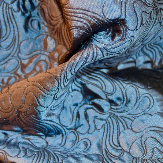 Blue Brocade A Line Coat - Fabric Detail