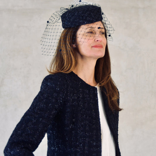 Dark Navy Boucle Hourglass Coat - With Hat