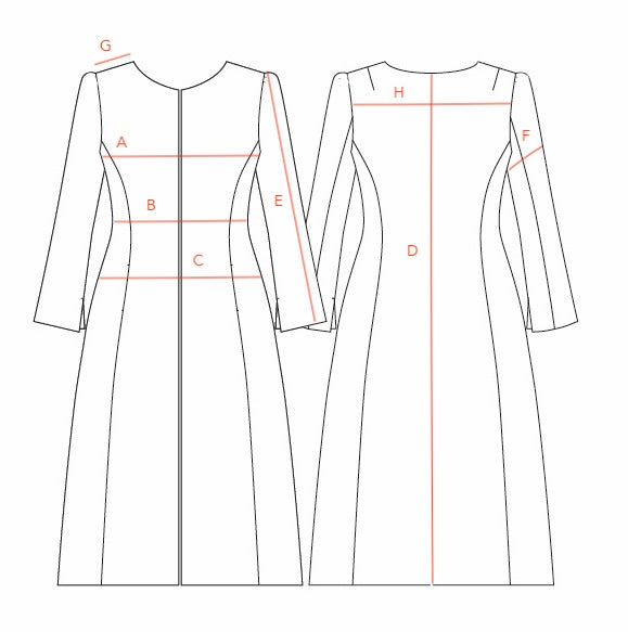 Line Drawing for a bespoke Waisted Occasion Coat displaying waist, bust, hip, sleeve length, bicep, shoulder seam, and back measurements in cm and inches for sizes 6–21. Handmade in Britain.