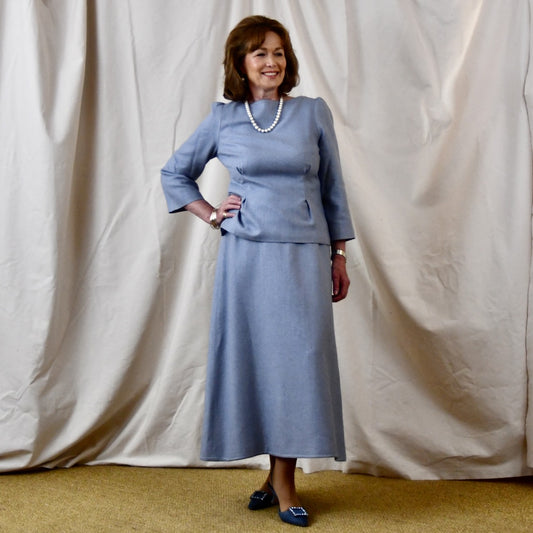 Boat Neck Skirt Suit in Pale Blue Silk Matka. Handmade in Britain.