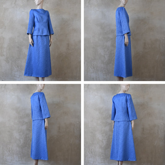 The Tailored Boat Neck Skirt Suit in Blue Brocade