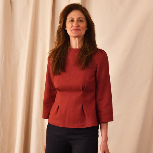 Tailored Boat Neck Top in Red Silk