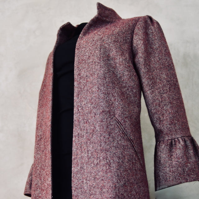 Bespoke Tweed Coat with Bell Sleeves. An elegant A-Line Coat in a Hopsack Tweed. Handmade in Britain.