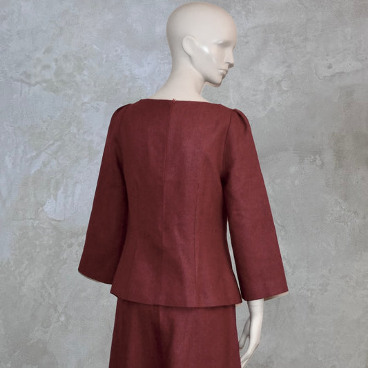 Back view of a Tailored Boat Neck Blouse in Dark Pink Silk Matka with a matching skirt. Handmade in Britain.