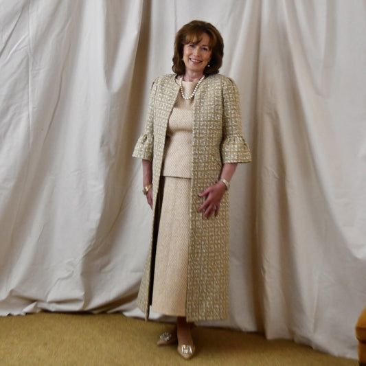 Bell Sleeve A Line Dress in Linton Tweeds Camel Check Boucle. Handmade in Britain.