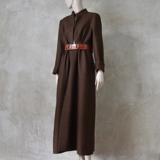 The Skirted Hourglass Coat in Brown Herringbone Merino Flannel