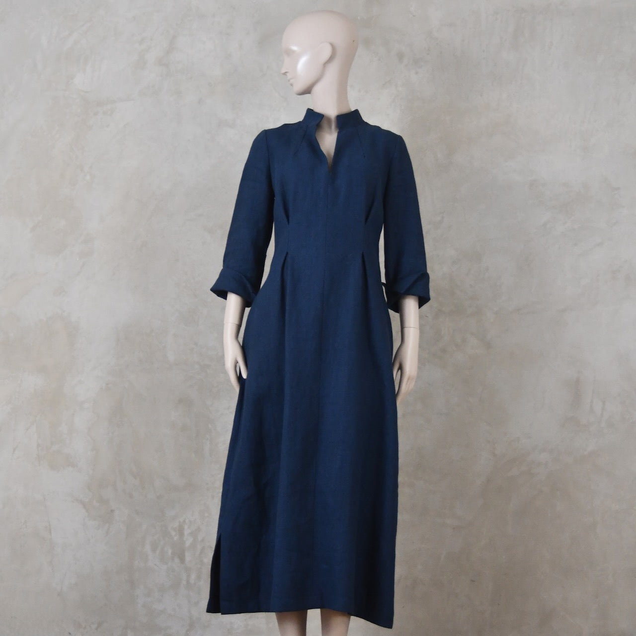 The Waisted Dress in Navy Mid Weight Irish Linen