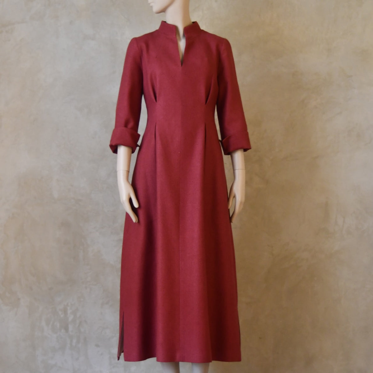 Dark Pink Silk Waisted longer length mid-season tailored dress. Ready to Ship and Made to order. Sizes 6 to 20 and bespoke. Made by hand in East London.