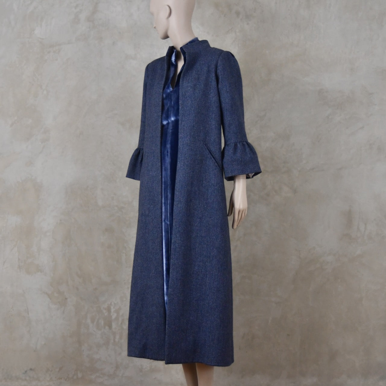 Bell Sleeve A-Line Coat in Denim Blue Tweed