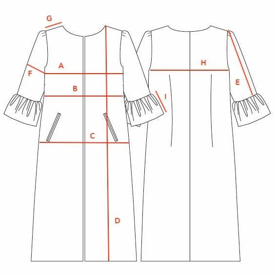 Line Drawing for a bespoke Bell Sleeve A Line Coat displaying waist, bust, hip, sleeve length, bicep, shoulder seam, and back measurements in cm and inches for sizes 6–20. Handmade in Britain.