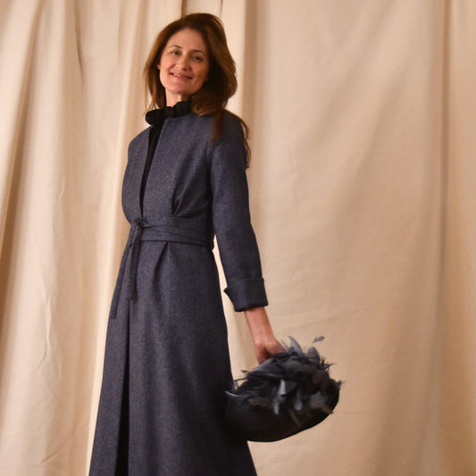 Blue Herringbone Tweed Skirted Coat