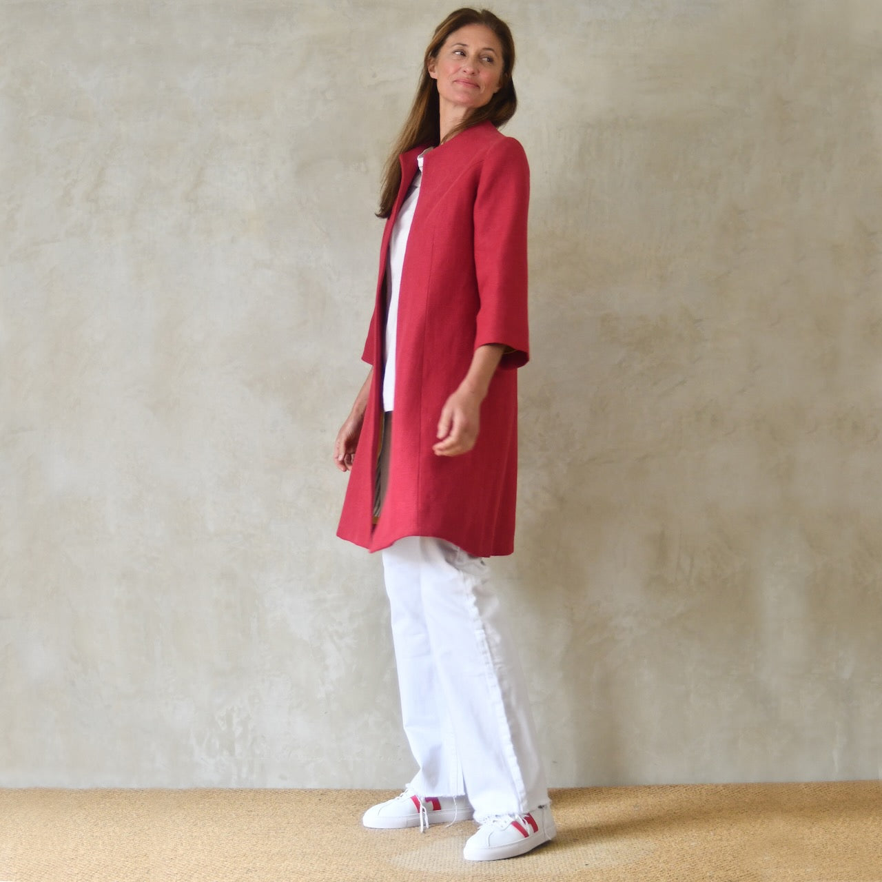 Trapeze Swing Coat in Deep Red Heavier Weight Linen