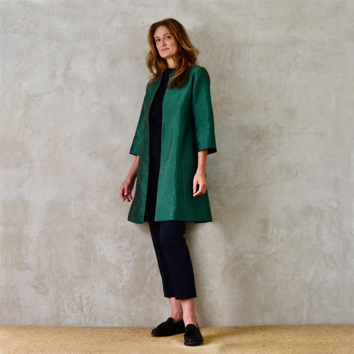 Trapeze Swing Coat in Emerald Flower Brocade