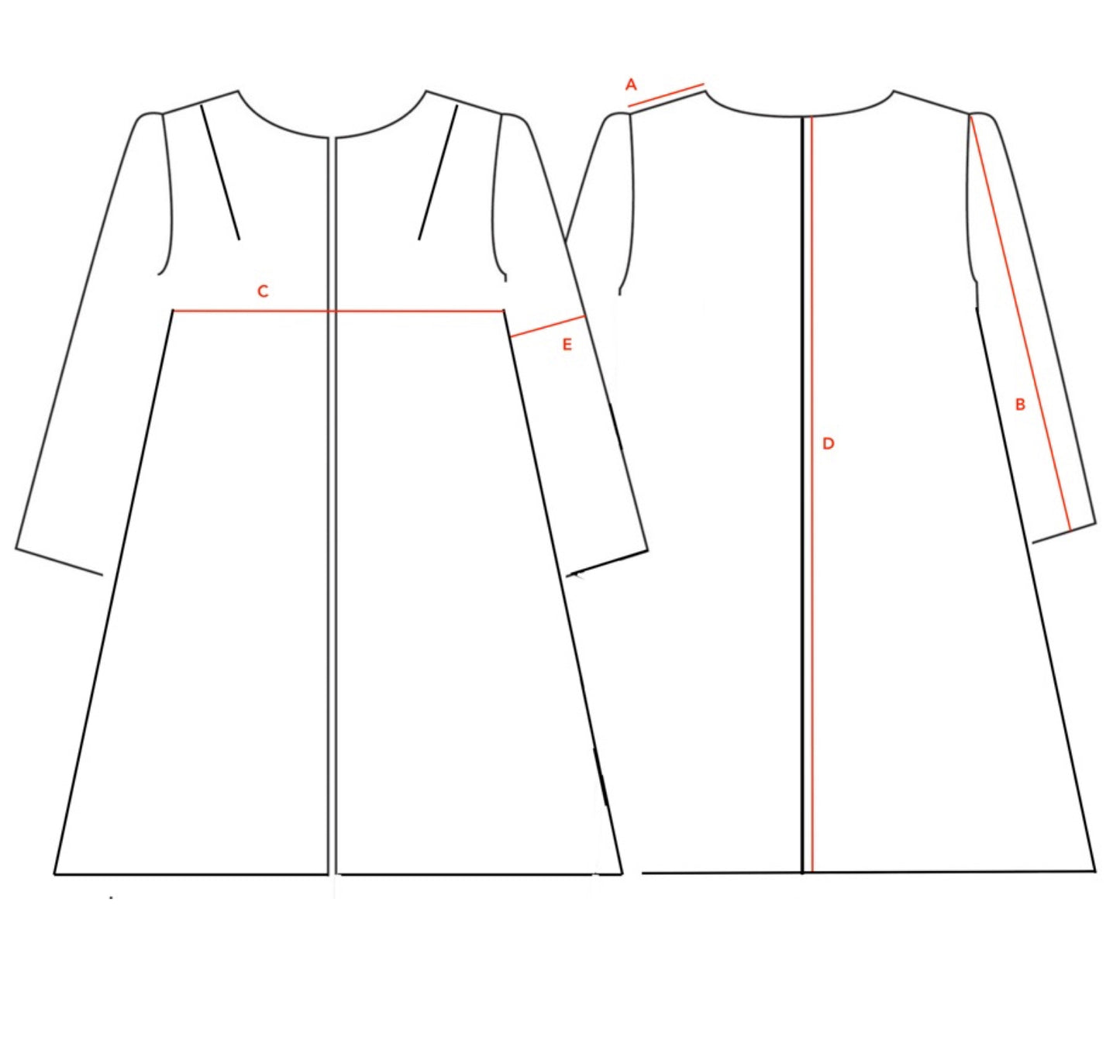 Line drawing of Trapeze Swing Coat Blue Herringbone Lambswool Tweed dress, front and back views; red lines labeled A-E show measurements. This Bespoke Coat is Handmade in Britain.