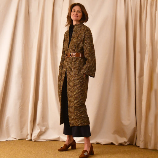 Long Cocoon Coat in Golden Camel Boucle - Side View