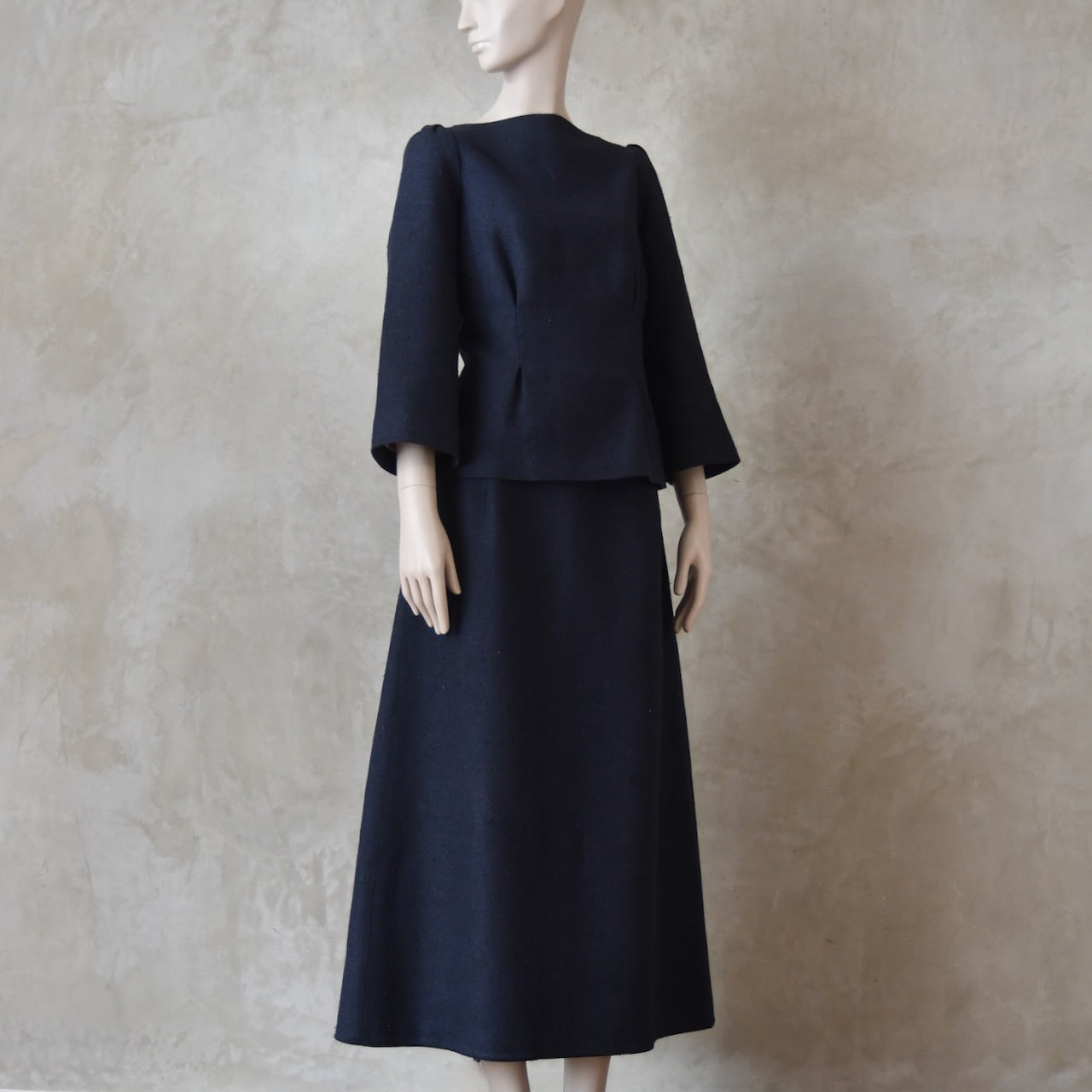The Tailored Boat Neck Skirt Suit in Inky Blue Silk Matka Weave