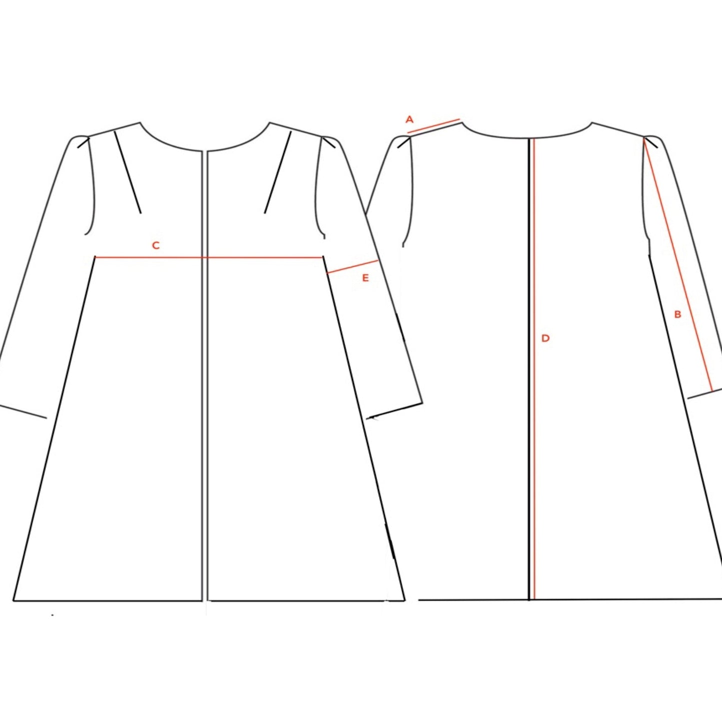 Line Drawing for a bespoke Trapeze or Swing Coat displaying waist, bust, hip, sleeve length, bicep, shoulder seam, and back measurements in cm and inches for sizes 6–21. Handmade in Britain.
