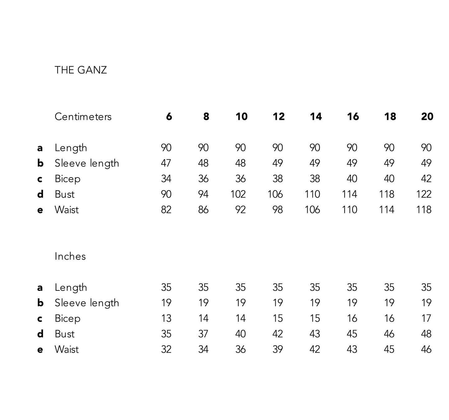 Size Chart for Trapeze Swing Coat by Ednerat. Handmade in Britain.