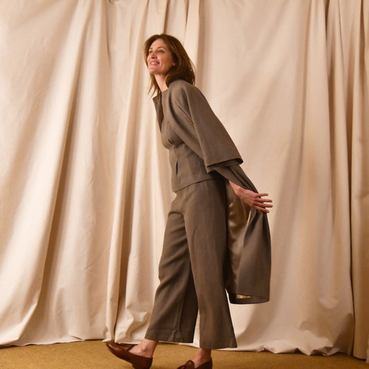 Longer Length Cocoon Coat in Irish Linen. A slubby, relaxed linen makes for an easy to wear everyday coat that can be dressed up. Handmade in Britain.