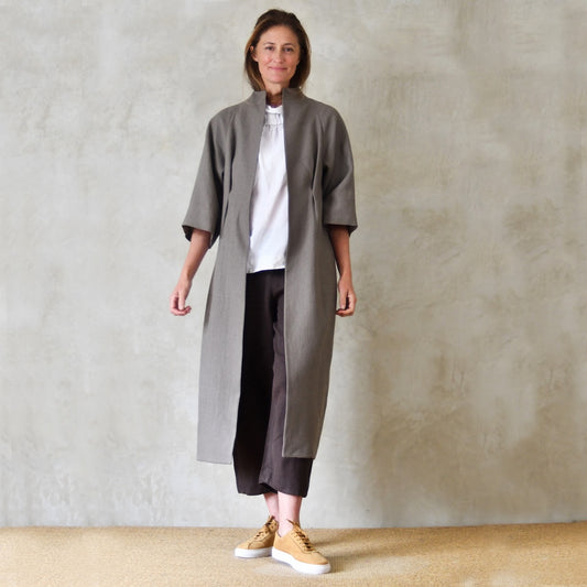 Longer Length Cocoon Coat in Irish Linen. A Superb Relaxed and Modern Spring Summer Coat in Fossil-coloured Slubby Linen. Handmade in Britain. Open View.