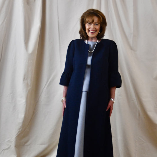 Longer Length Bell Sleeve A Line Coat in Navy Cotton Boucle from Linton Tweeds. Handmade in Britain.