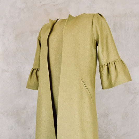 A-Line Bell Sleeve Coat and Tulip Sleeve Dress in Pea Green Silk Matka. Handmade in Britain. Coat View.