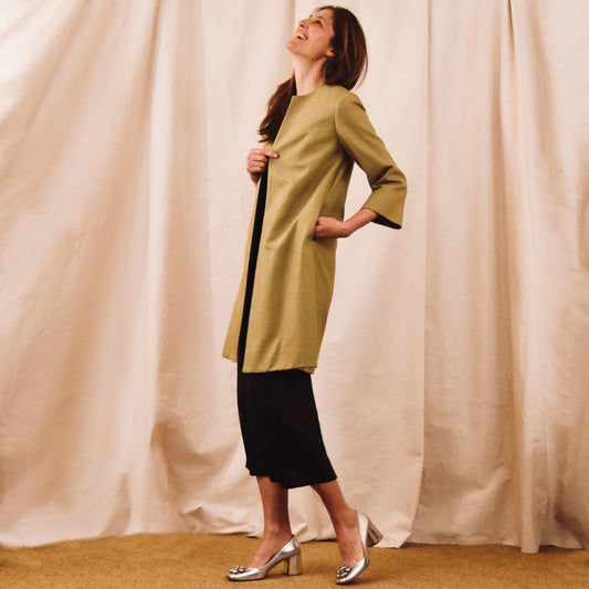 Pea Green Silk Car Coat - Side View