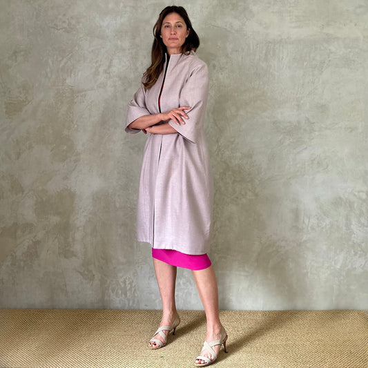 Pink Silk Cocoon Coat. Elegant and easy this lightweight silk coat is perfect for dressing up or down on warmer days. Handmade in Britain.