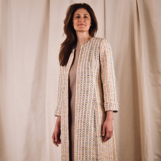 Fitted Hourglass Coat in Pale Linton Tweeds Boucle. A Fitted Sprint-Summer Bouclé Coat - the perfect investment piece for Royal Ascot and Summer Occasions. Handmade in Britain. Close Up