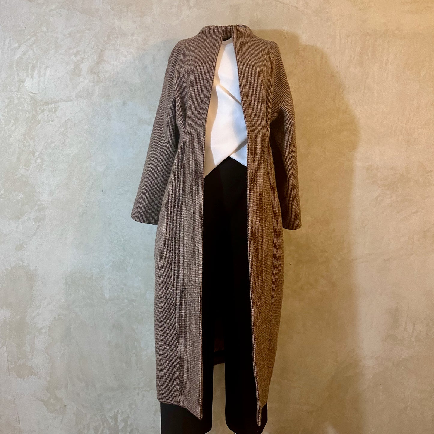 Longer Length Brown Tweed Cocoon Coat. A superbly warm and elegant coat - perfect for dressing up and wrapping up in winter. An investment piece that will last through the years. Handmade in Britain. Full Open View.
