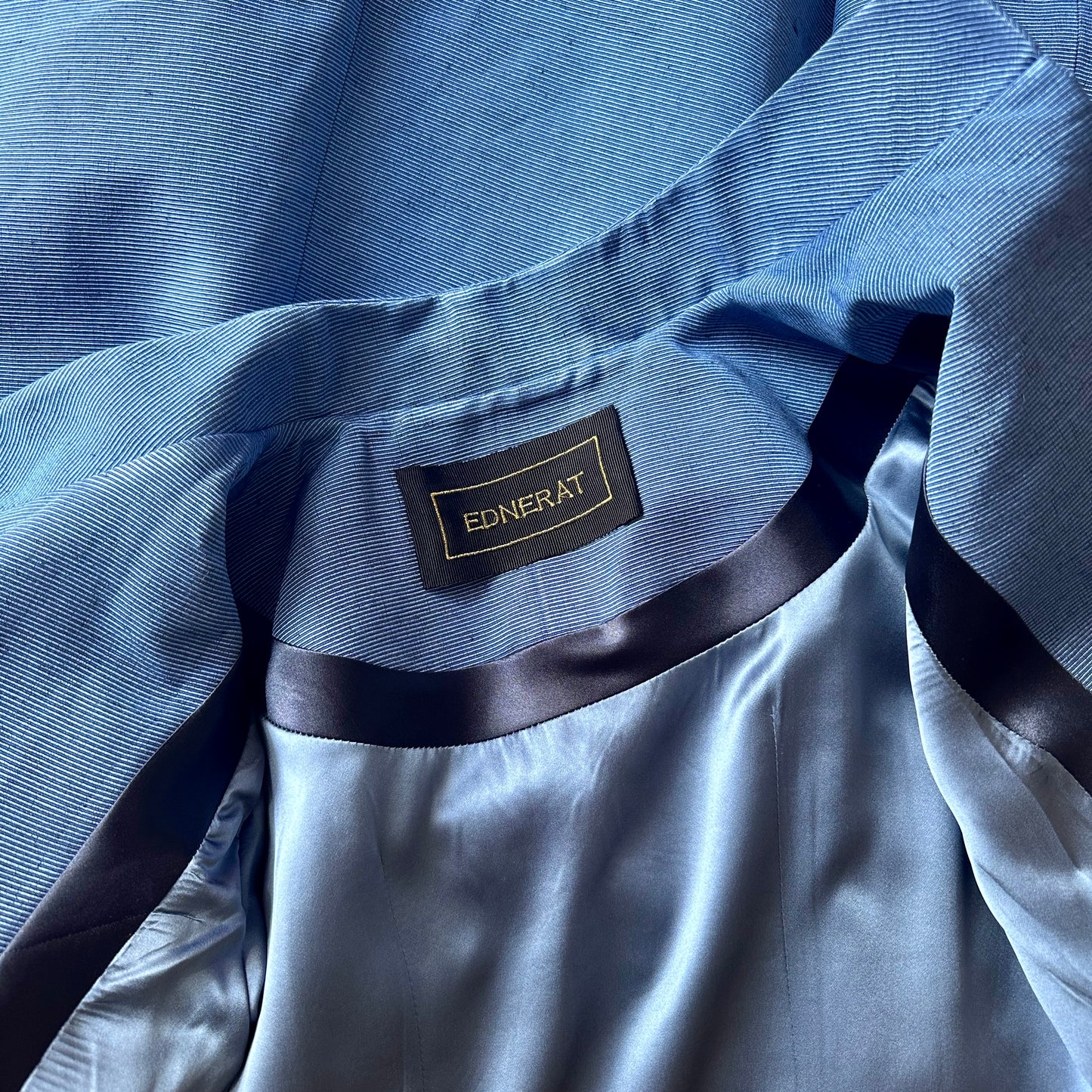 Blue Brocade A Line Bell Sleeve Coat - Neck Detail