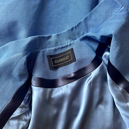 Blue Brocade A Line Bell Sleeve Coat - Neck Detail