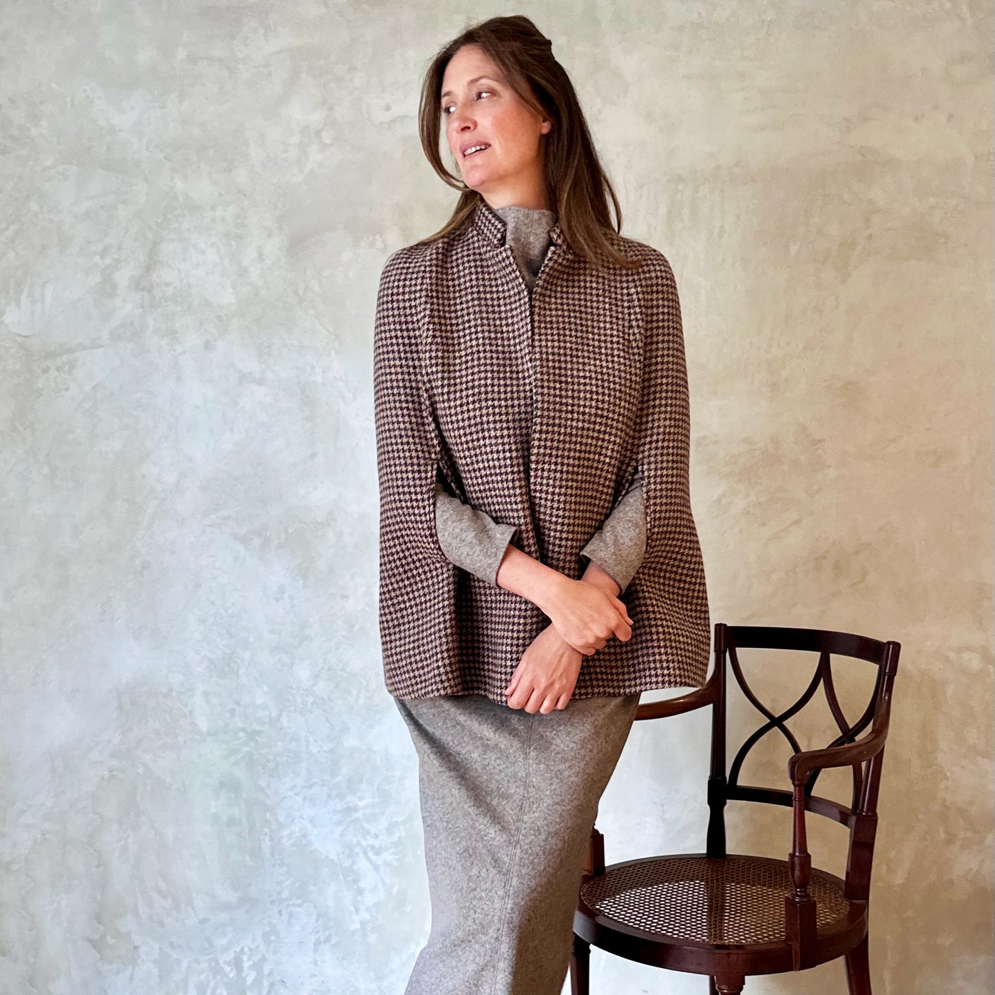 the clayton cape in camel, red and green check lovat tweed image 5