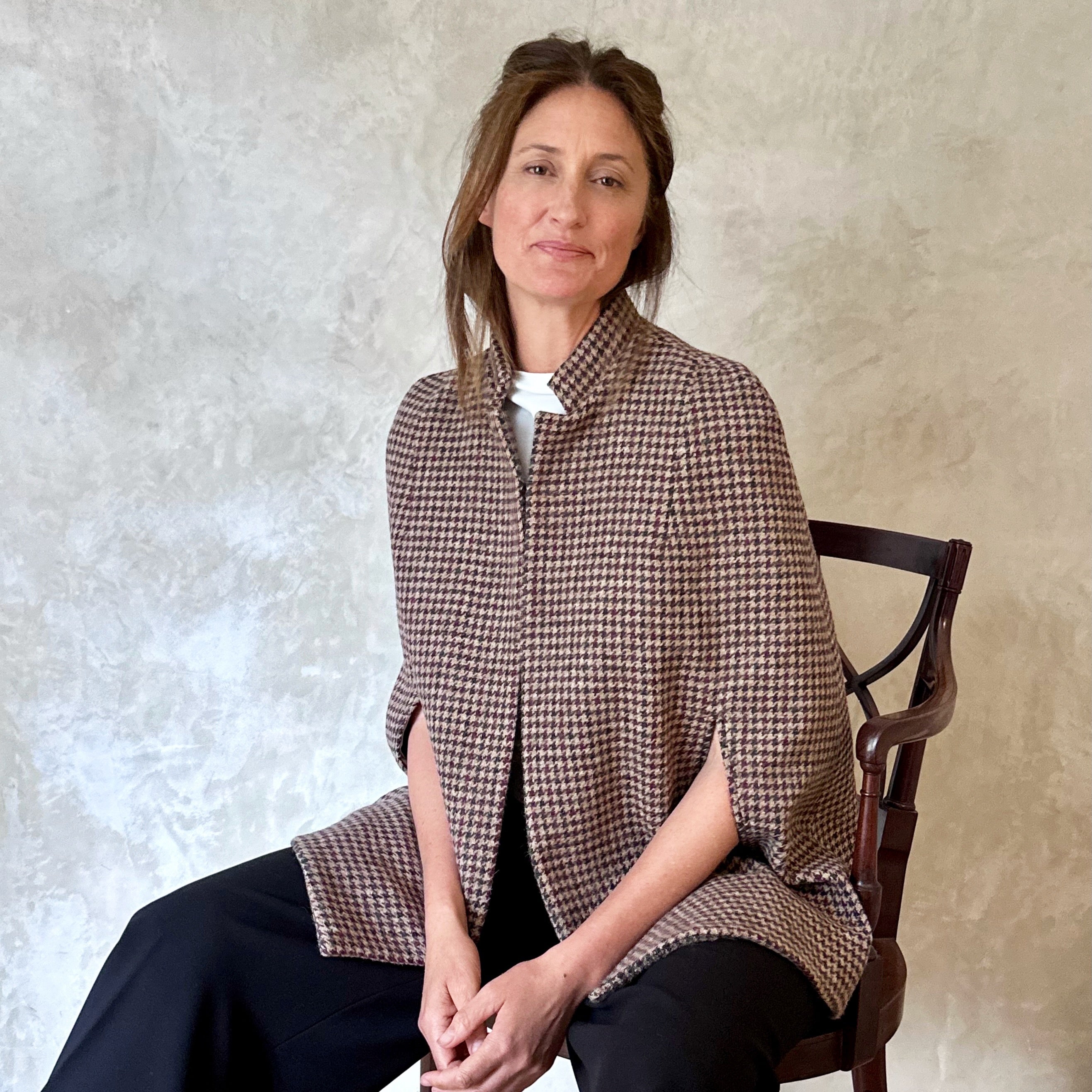 the clayton cape in camel, red and green check lovat tweed image 1