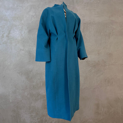 Longer Length Petrol Blue Merino Flannel Cocoon Coat. A shapely and superbly soft investment piece for dressing up or down in Winter. Comfortable, easy and elegant. Handmade in Britain.