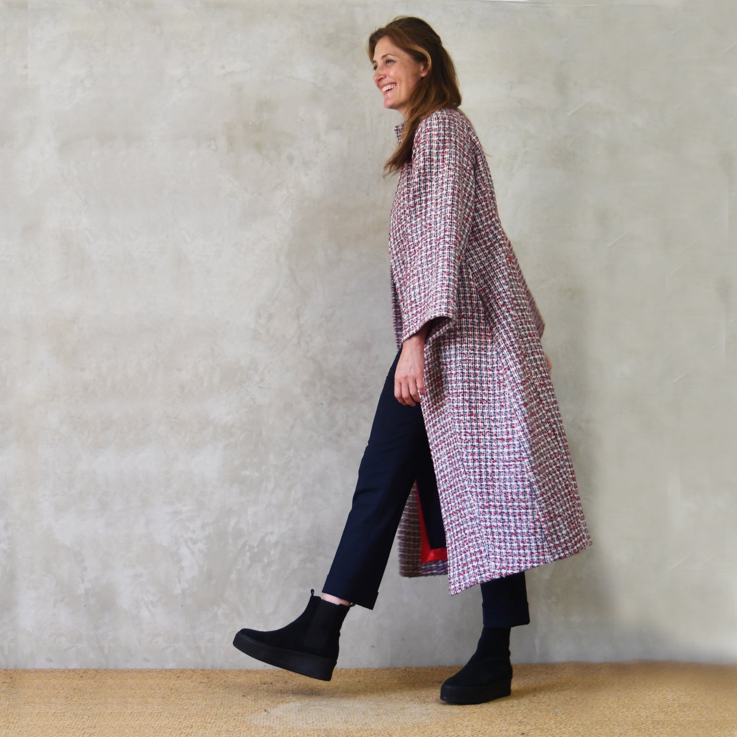 the long frink in red, ecru and navy wool boucle image 5