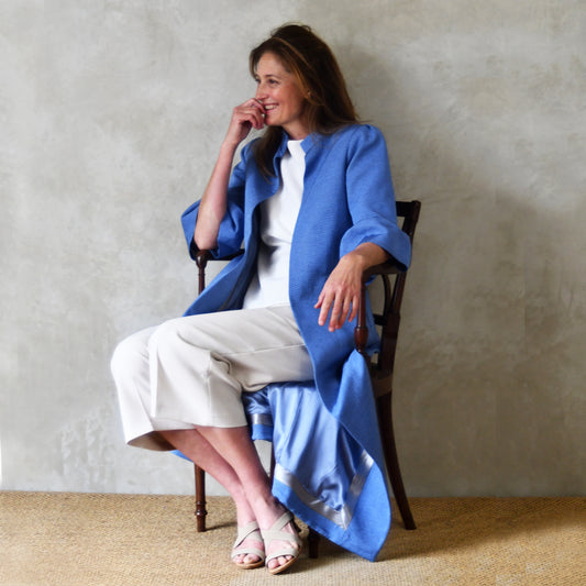 Blue Brocade A Line Bell Sleeve Coat,  a formal Spring-Summer coat for Royal Ascot, Summer Weddings and other special occasions. Brocade from Stephen Walters. Handmade in Britain.