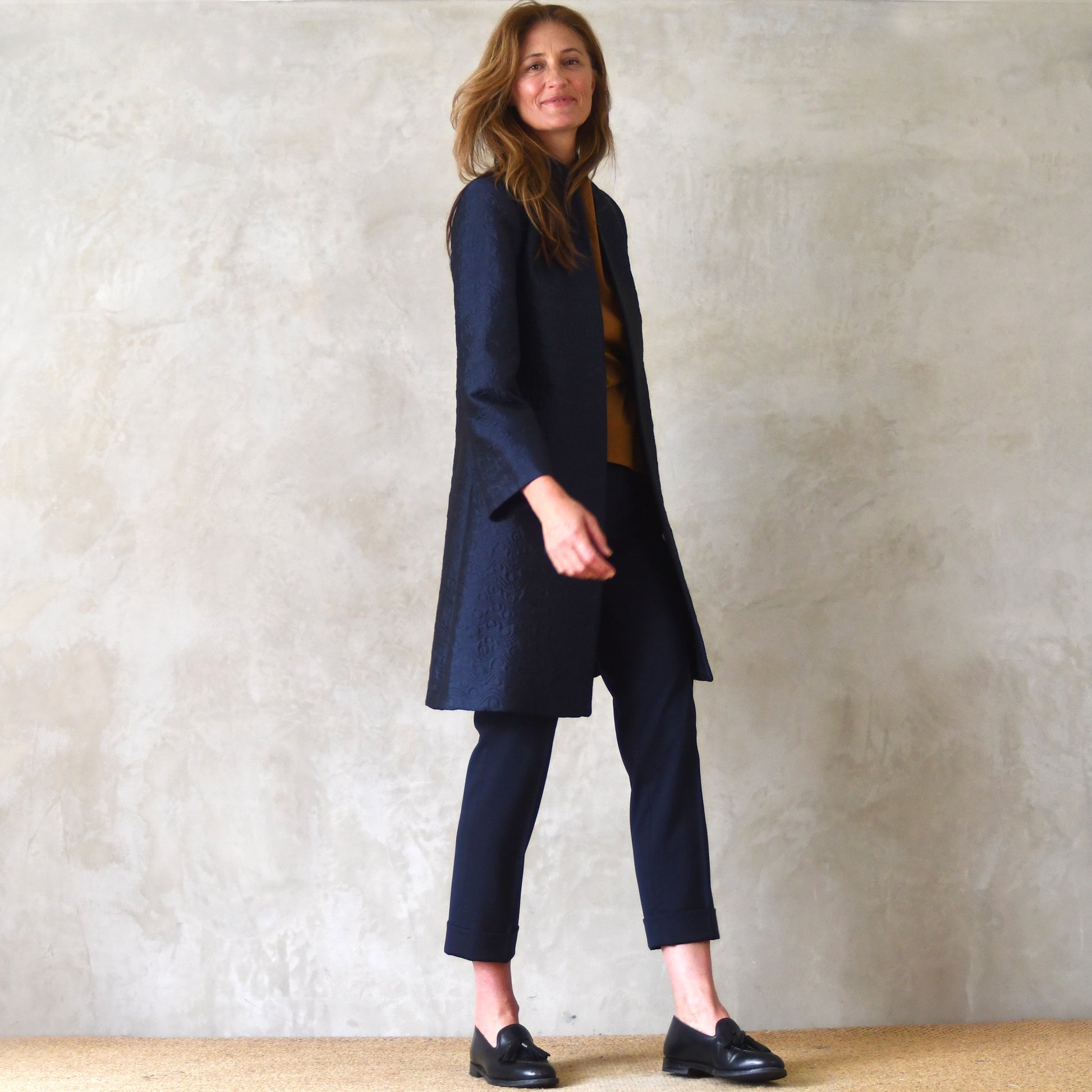 the garnett coat in dark navy bubble brocade image 1