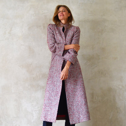 the bell coat in red, ecru and navy wool boucle image 3