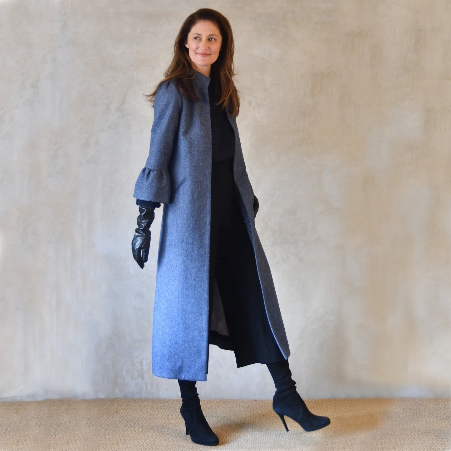 the delany coat in denim blue lambswool herringbone tweed image 8