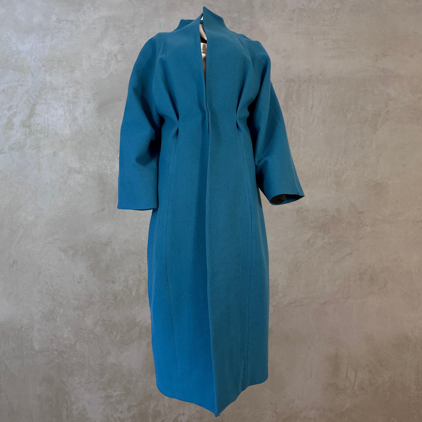 Longer Length Petrol Blue Merino Flannel Cocoon Coat. A shapely and superbly soft investment piece for dressing up or down in Winter. Comfortable, easy and elegant. Handmade in Britain.