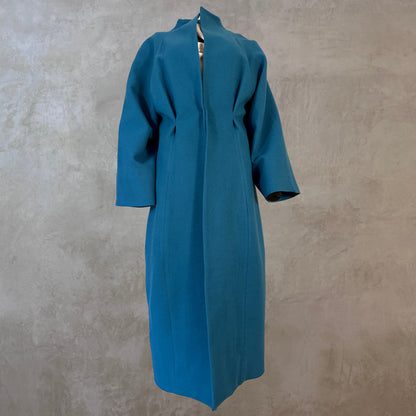 Longer Length Petrol Blue Merino Flannel Cocoon Coat. A shapely and superbly soft investment piece for dressing up or down in Winter. Comfortable, easy and elegant. Handmade in Britain.