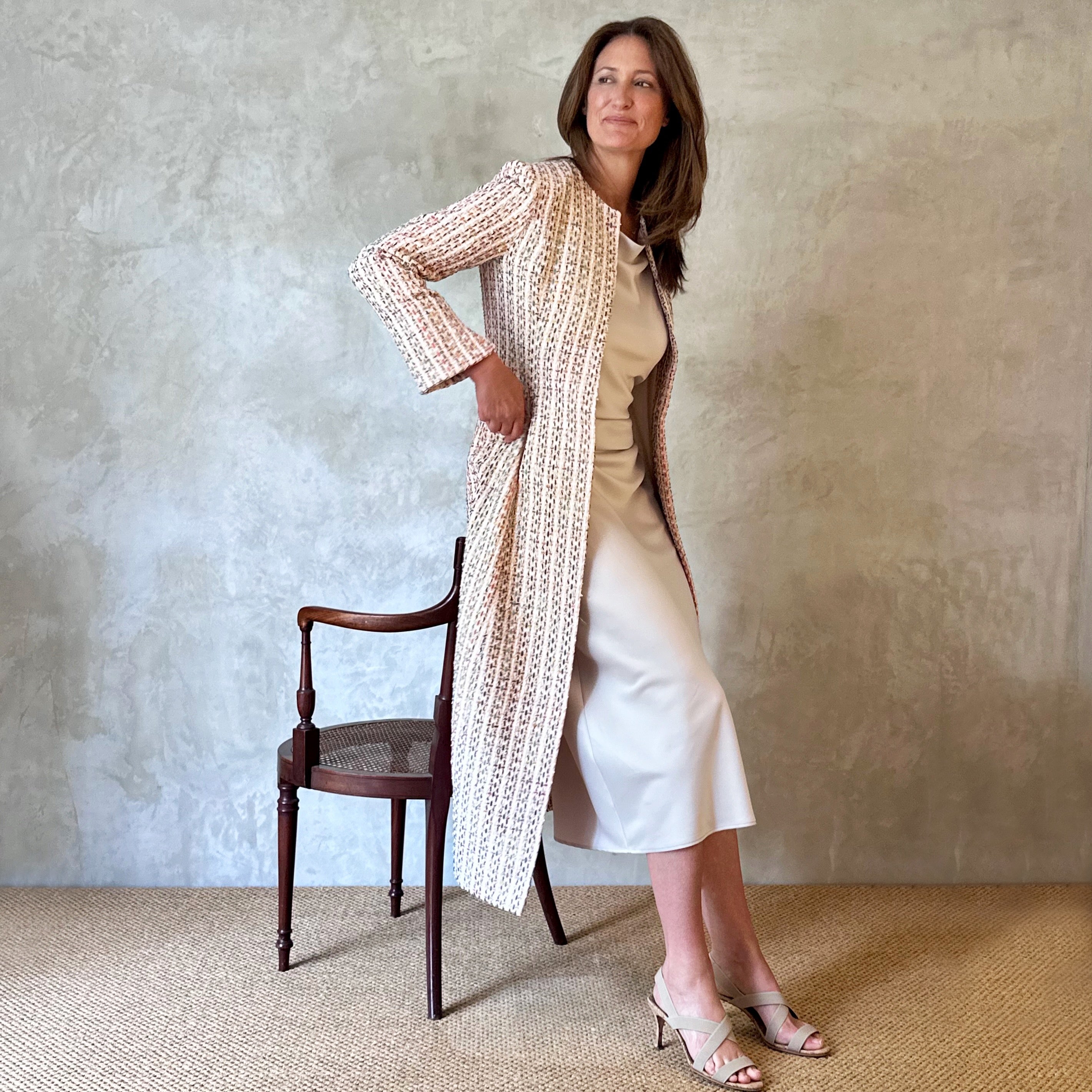 Fitted Hourglass Coat in Pale Linton Tweeds Boucle. A Fitted Sprint-Summer Bouclé Coat  - the perfect investment piece for Royal Ascot and Summer Occasions. Handmade in Britain.