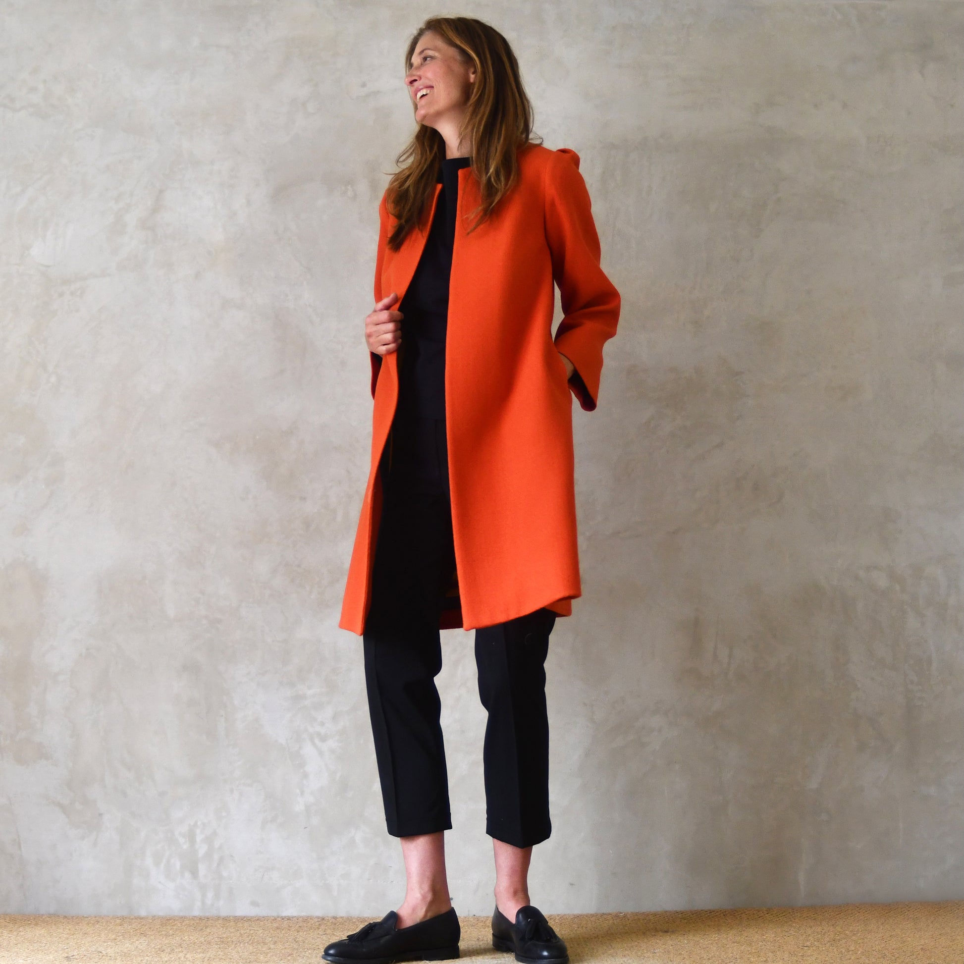 the john coat in burnt orange wool crepe image 7